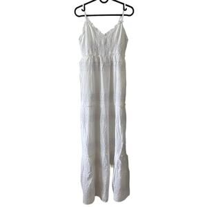 Jessica Simpson Womens Tiered Maxi Sundress Medium White Cottagecore Eyelet Lace
